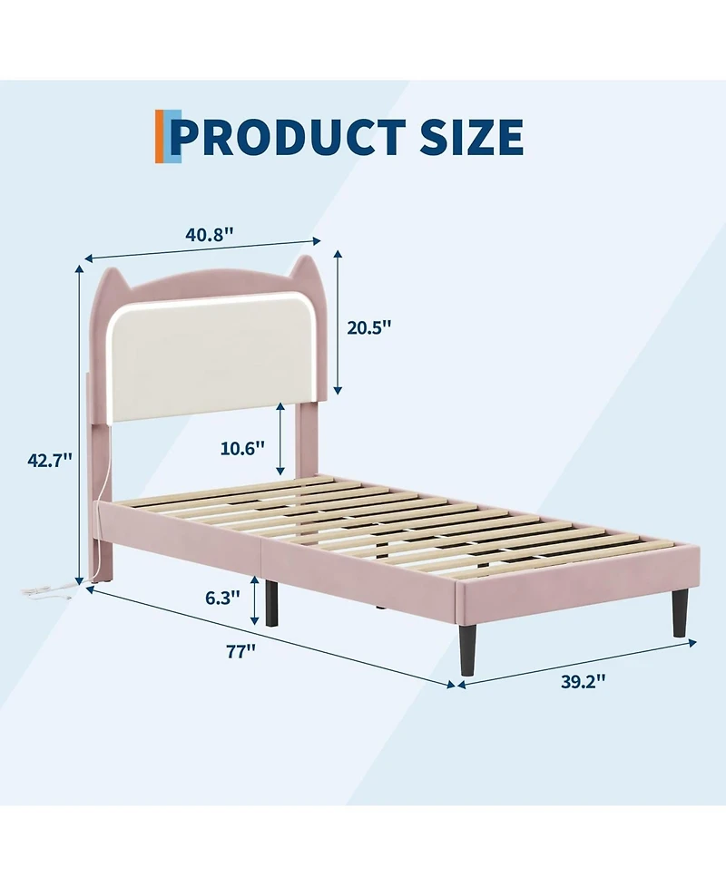 gaomon Twin Bed Frame with Cat Headboard, Platform Grb Led Lights & Strong Wood Slats Support, Noise Free