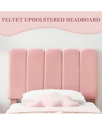 gaomon Twin Bed Frame, Velvet Upholstered Platform Bed with Wave Headboard for Girls/Kids, Easy Assembly, Wooden Slats Support, No Box Spring Needed