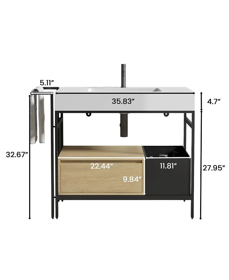 Sillysis 36'' Industrial Bathroom Vanity with White Artificial Stone Sink, Modern Freestanding without Faucet