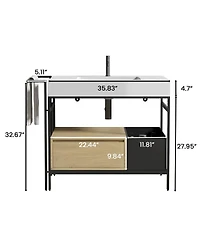 Sillysis 36'' Industrial Bathroom Vanity with White Artificial Stone Sink, Modern Freestanding without Faucet