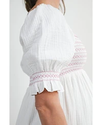 Hello Miz Maternity Smocked Empire Waist Puff Sleeve Midi Dress with Ruffle Hem