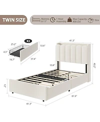 Twin Boucle Upholstered Platform Bed Frame Wavy Headboard Storage Bookcase 2 Drawers No Box Spring Space-Saving White