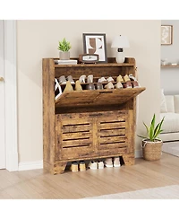 gaomon Shoe Cabinet Storage with 2 Flip Drawers Freestanding Shoe Organizer with Hooks Narrow Shoe Cabinet Slim Hidden Shoe Cabinet for Entryway