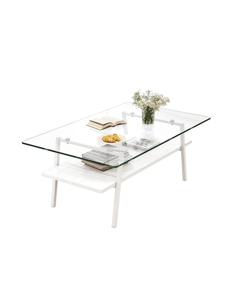 Rainsken Rectangle Coffee Table, 2 Tier Center Table with Clear Tempered Glass Top and Metal Legs for Living Room