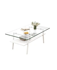 Rainsken Rectangle Coffee Table, 2 Tier Center Table with Clear Tempered Glass Top and Metal Legs for Living Room