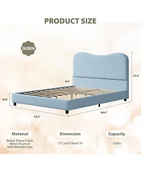 gaomon Queen Velvet Upholstered Bed Frame Boucle Headboard Rounded Corners Low Wood Slats No Box Spring