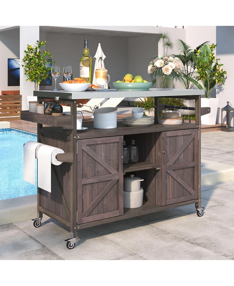 sumyeg Outdoor Kitchen Island and Rolling Bar Cart, Farmhouse Solid Wood Grill Table with Stainless Steel Top, Spice Rack Towel