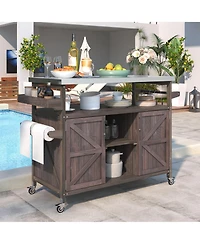 sumyeg Outdoor Kitchen Island and Rolling Bar Cart, Farmhouse Solid Wood Grill Table with Stainless Steel Top, Spice Rack Towel