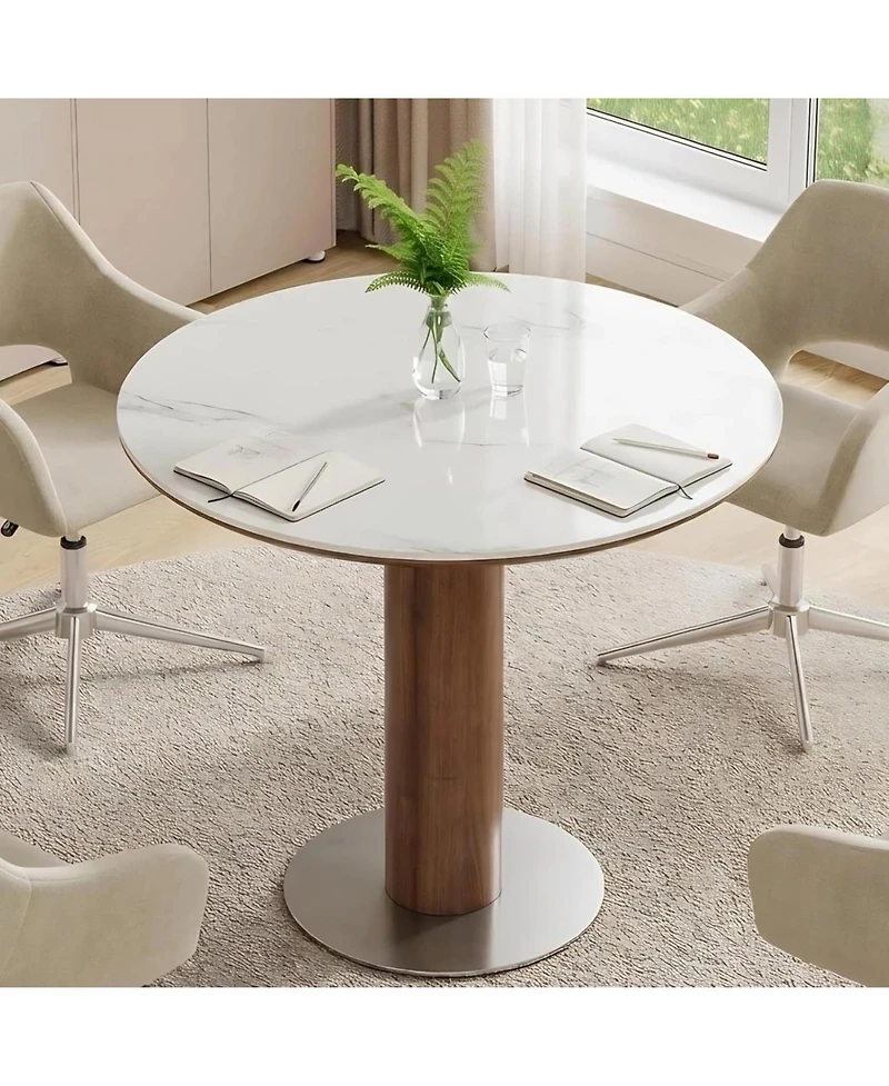 Tribesigns 31.5-Inch Round Conference Table for 2-4 People, Modern Small Meeting Room Table with Sintered Stone Tabletop and Stainless Steel Base
