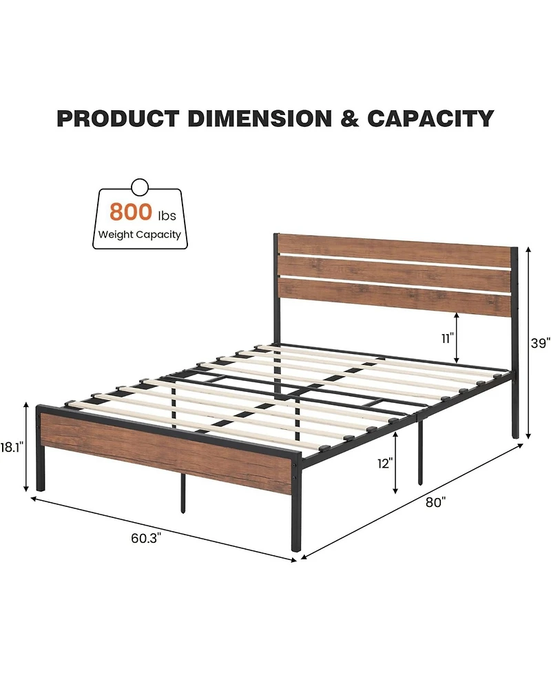 gaomon Bed Frame Rustic Brown Wood Farmhouse Metal Platform Wooden Slat Easy Assembly No Box Spring Needed