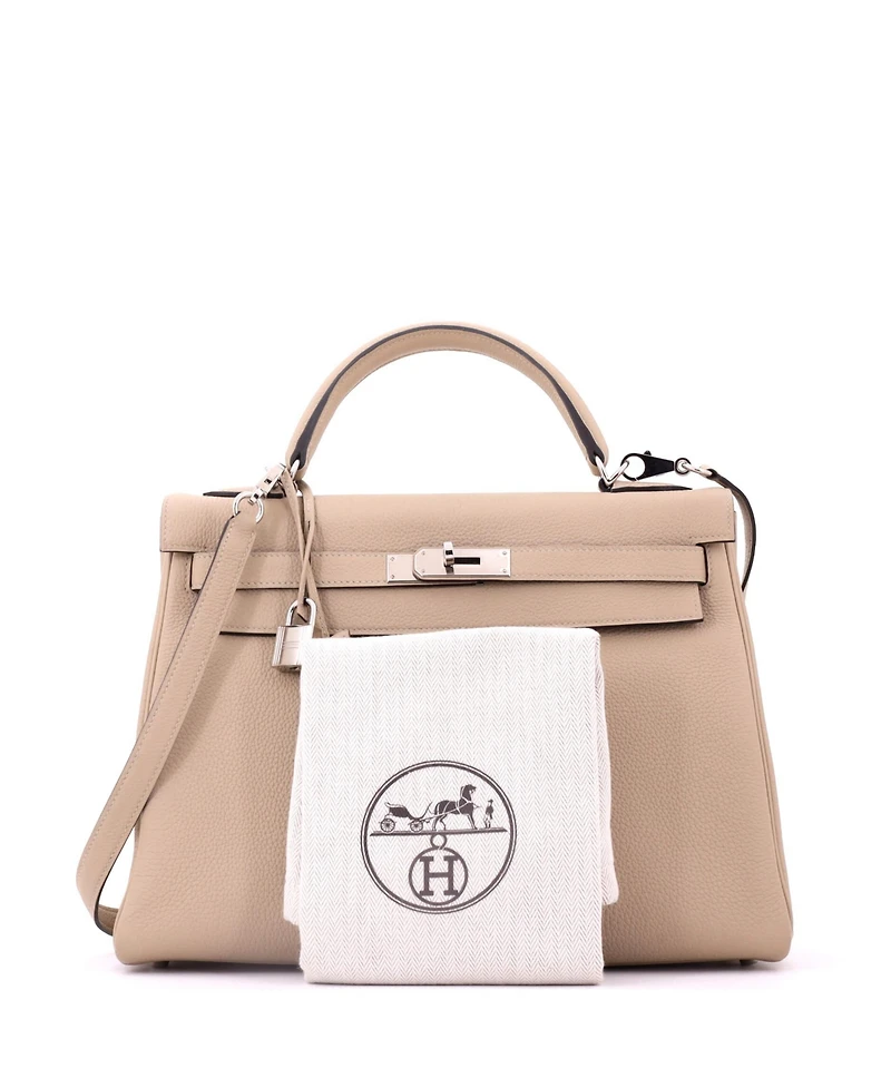 Pre-Owned HERMES Kelly Handbag Light Togo with Palladium Hardware