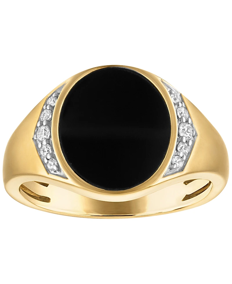 Esquire Men's Jewelry White Diamond (1/8 ct. t.w.) and Black Onyx Ring in 14k Gold-Plated Sterling Silver