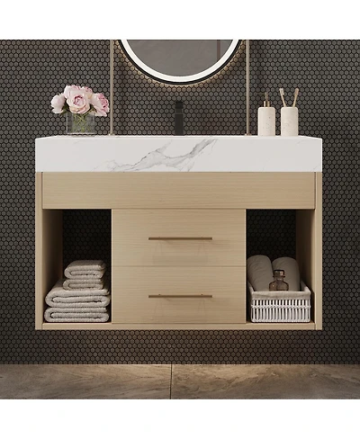 Sillysis 29.9" Floating Bathroom Vanity with Ceramic Sink, Sintered Stone Top, 2 Soft Close Drawers