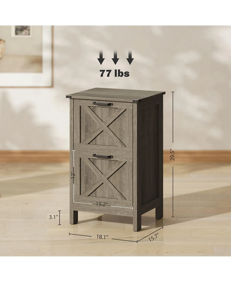 Rainsken 2 Drawer Vertical File Cabinet, Rustic Farmhouse Filing Cabinet with Barn Doors for A4/Letter Size, Printer Stand with Storage for Office
