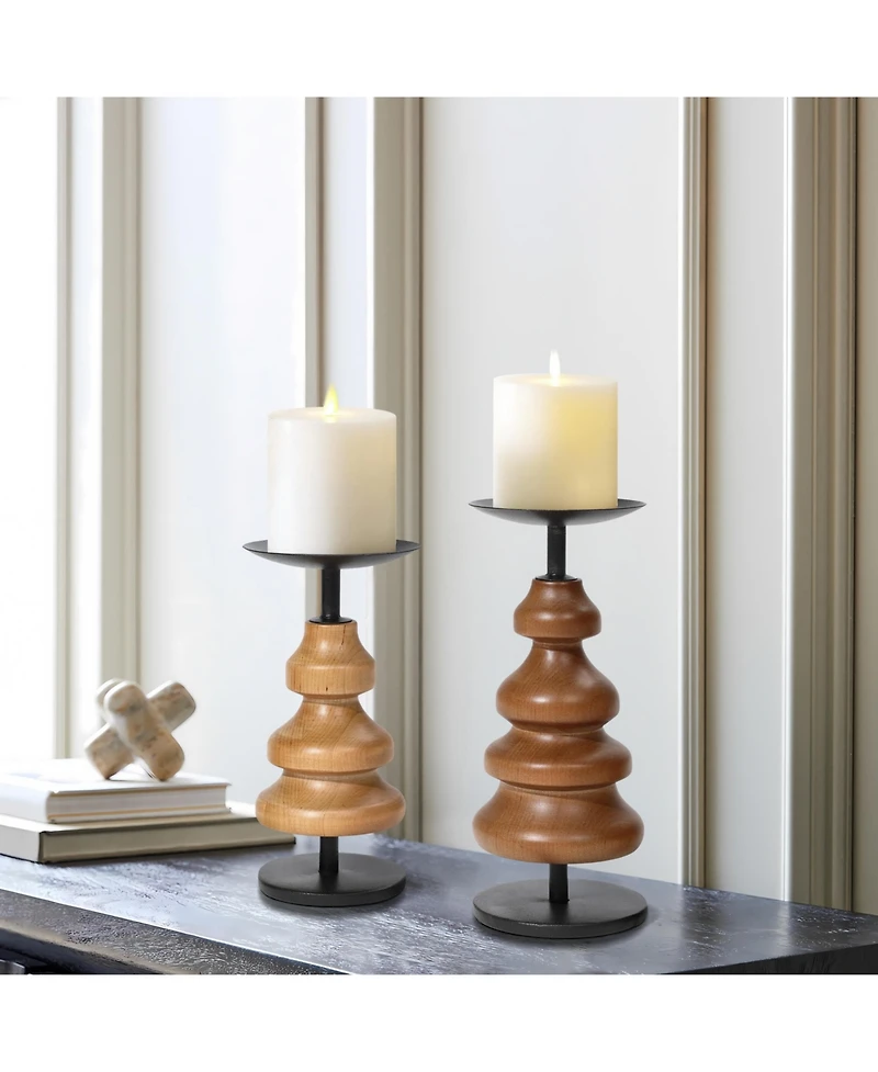 LuxenHome 2-Piece Birch Wood with Metal Pillar Candle Holder Set