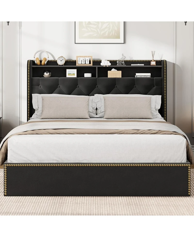 gaomon Queen Size Bed Frame with 4 Storage Drawers, Velvet Fabric Upholstered Platform Bed with Tufted Headboard, Wooden Slats, No Box Spring Required