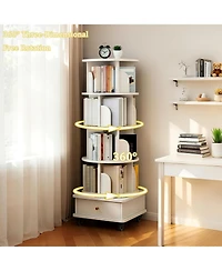 Rainsken Tier Rotating Bookshelf with Drawers On Wheel, 360° Display Spinning Corner Bookcase