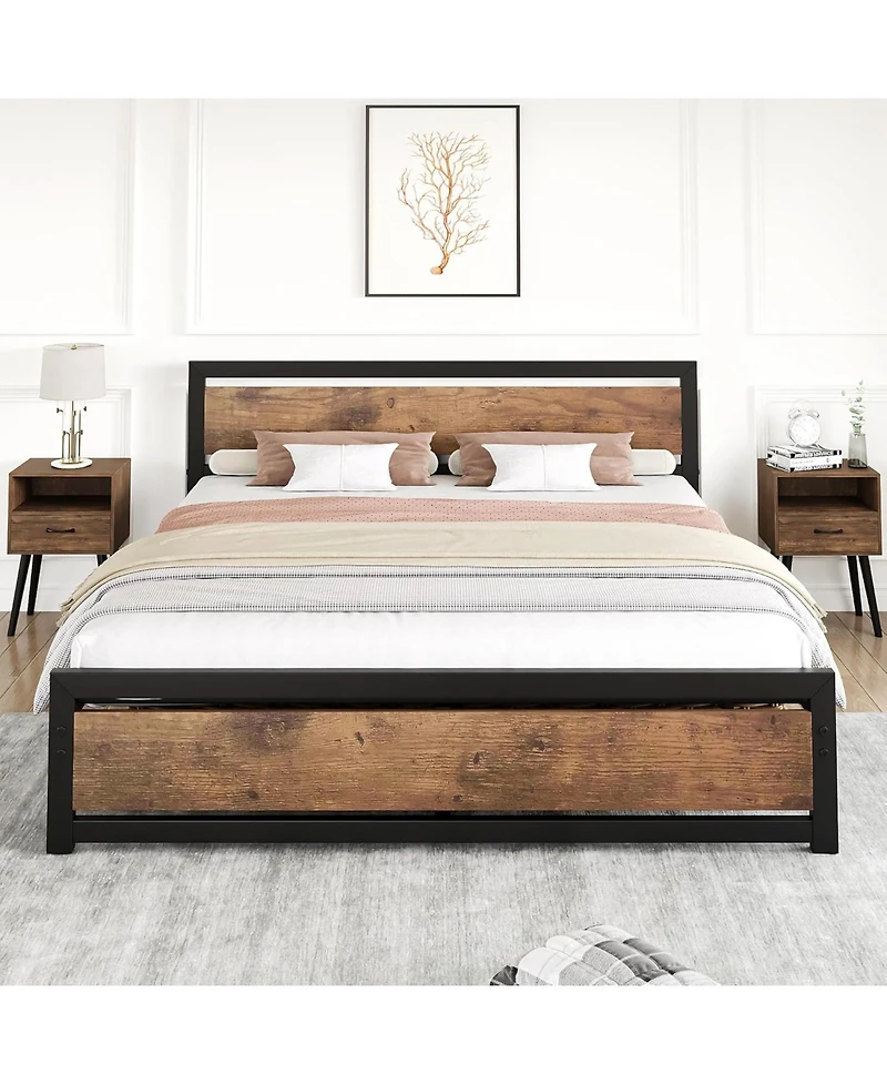 gaomon Size Bed Frame with Wood Headboard, Industrial Platform Bed with Heavy Duty Slat Support
