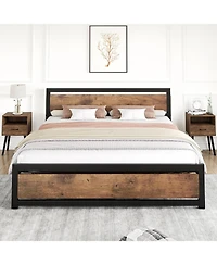 gaomon Size Bed Frame with Wood Headboard, Industrial Platform Bed with Heavy Duty Slat Support
