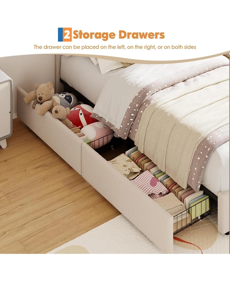 gaomon Velvet Upholstered Platform Bed Frame with Led Light, Storage Drawer, Cute Bear Headboard & Solid Wooden Slat Support