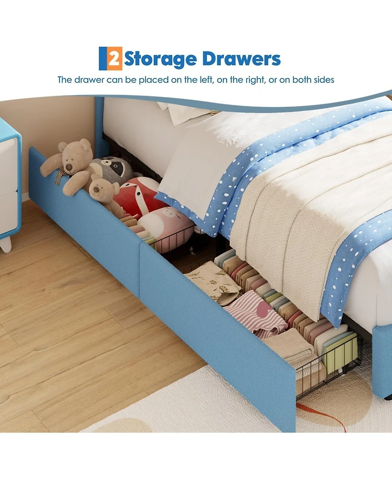 gaomon Velvet Upholstered Platform Bed Frame with Led Light, Storage Drawer, Cute Bear Headboard & Solid Wooden Slat Support