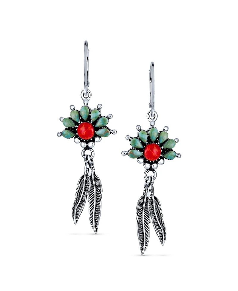 Bling Jewelry Western Style Squash Blossom Turquoise & Coral Feather Dangle Earrings .925 Sterling Silver