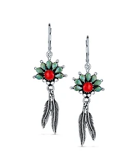 Bling Jewelry Western Style Squash Blossom Turquoise & Coral Feather Dangle Earrings .925 Sterling Silver