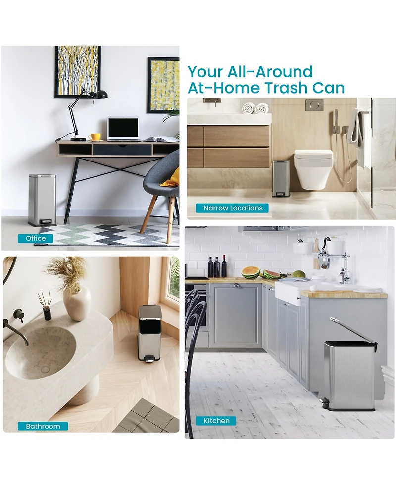 Home Zone Living 4 Gallon Slim Stainless Steel Kitchen Trash Can with Step Pedal and Soft Close Lid