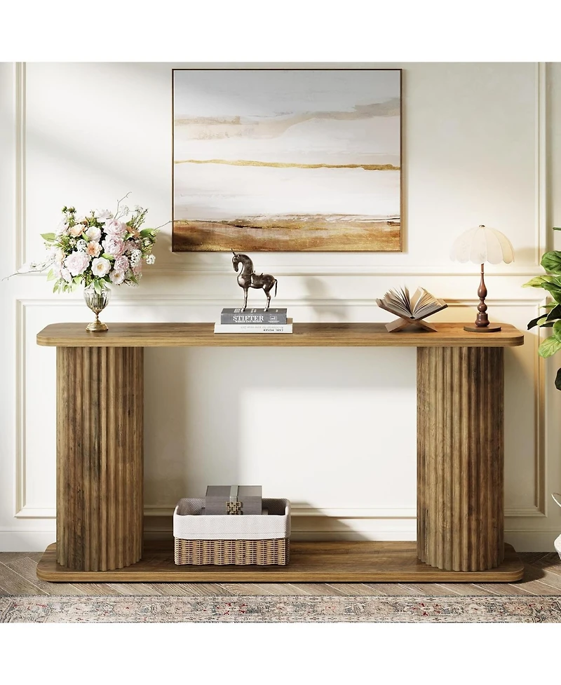 Tribesigns 63" Long Console Table, Mid Century Modern Behind Couch Sofa Table with Shelves