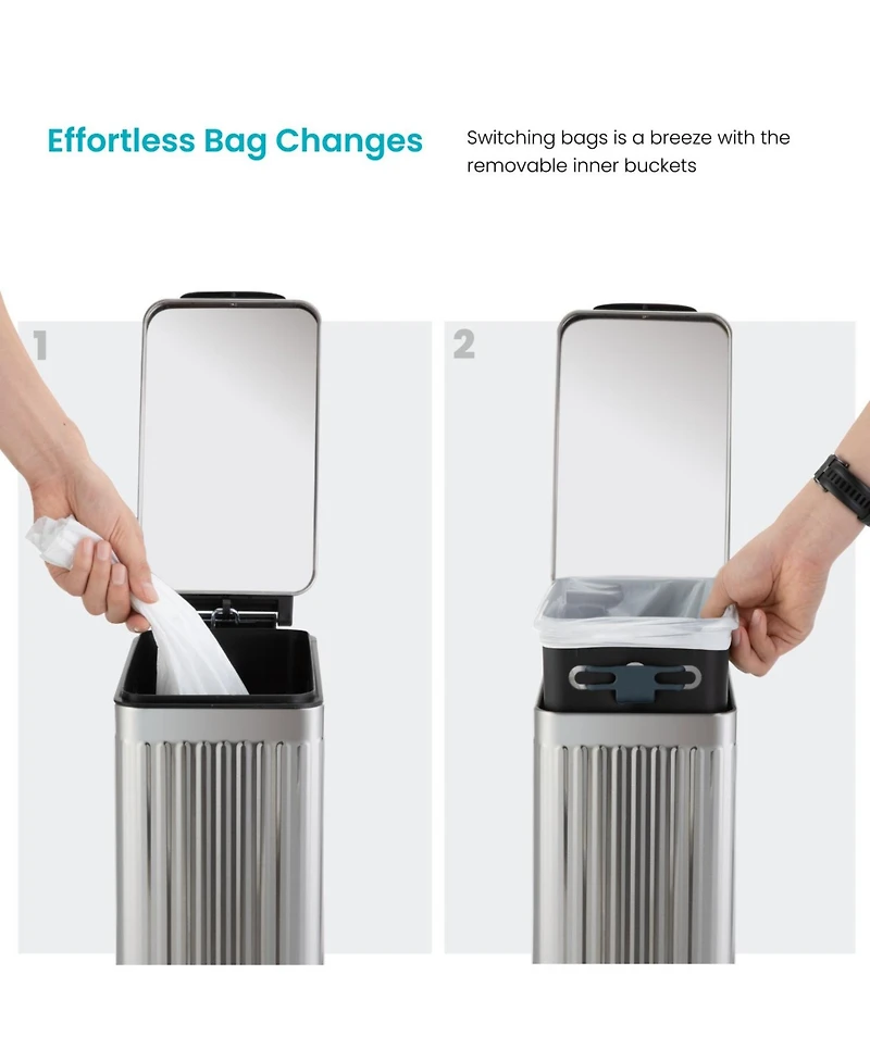 Home Zone Living 3 Gallon Slim Stainless Steel Trash Can with Reeded Pattern, Step Pedal and Soft Close Lid