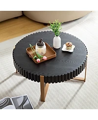 Rainsken Modern Drum Coffee Table, 31.5'' Round Center Table with Fluted Edge and Sturdy Pedestal for Living Room