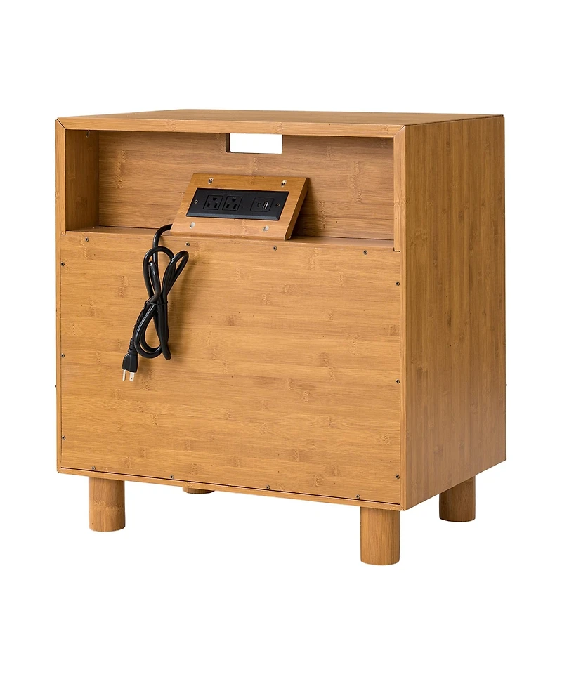 Rainsken Nightstand with 2 Drawers, Solid Wood Bedside Table with Charging Station, Curve Mirror Design, End Table for Bedroom