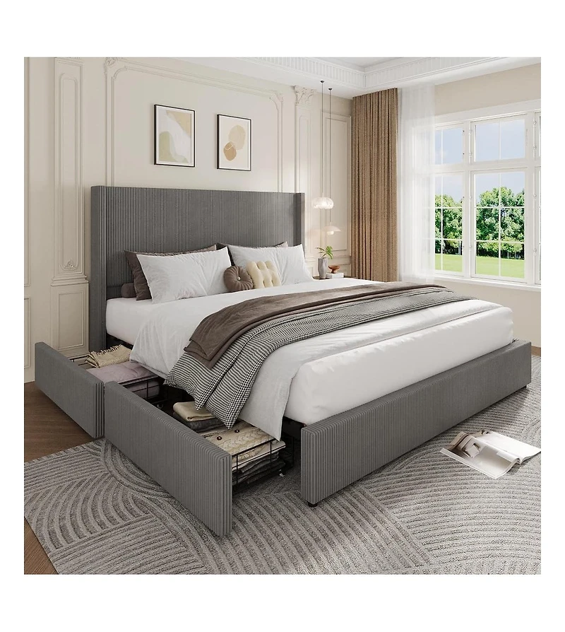 gaomon Queen Upholstered Platform Bed Storage Drawers Wingback Headboard Corduroy Fabric No Box Spring