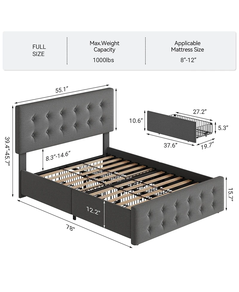 gaomonl Bed Frame 4 Storage Drawers Linen Upholstered Headboard Wooden Slats No Box Spring Button Tufted