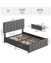 gaomonl Bed Frame 4 Storage Drawers Linen Upholstered Headboard Wooden Slats No Box Spring Button Tufted