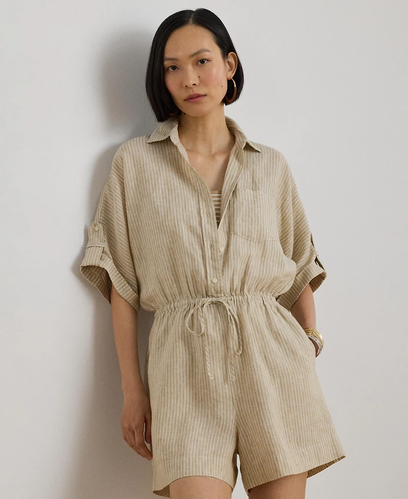 Lauren Ralph Women's Striped Spread Collar Romper
