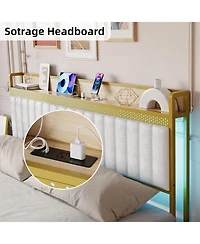 gaomon King Size Bed Frame with Led Lights and Charge Station, Upholstered Platform Bed with Storage Headboard, Heavy Duty Metal Slats, Easy Assembly