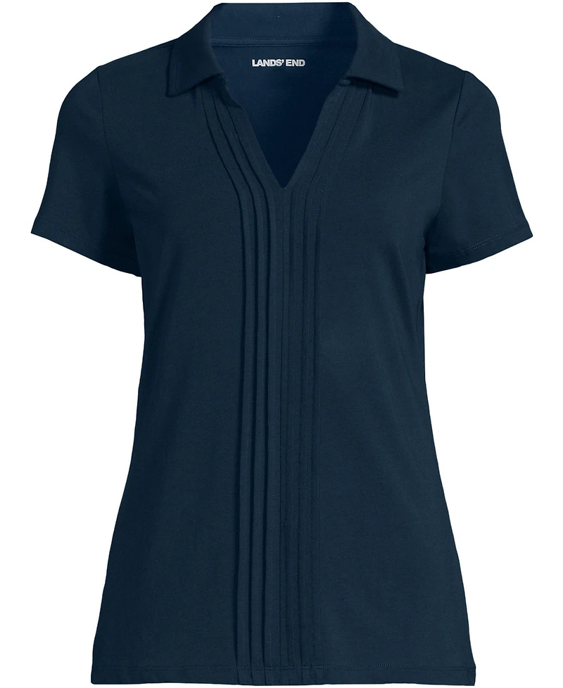 Lands' End Women's Short Sleeve Lightweight Jersey Pintuck Open Collar Polo