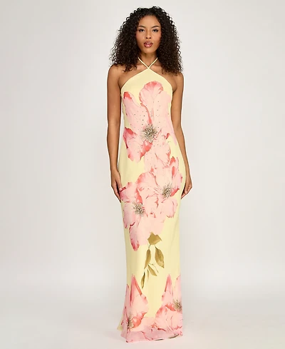 Seni & Cade Women's Large Floral Print Halter Drape Back Dress