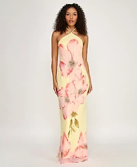 Seni & Cade Women's Large Floral Print Halter Drape Back Dress