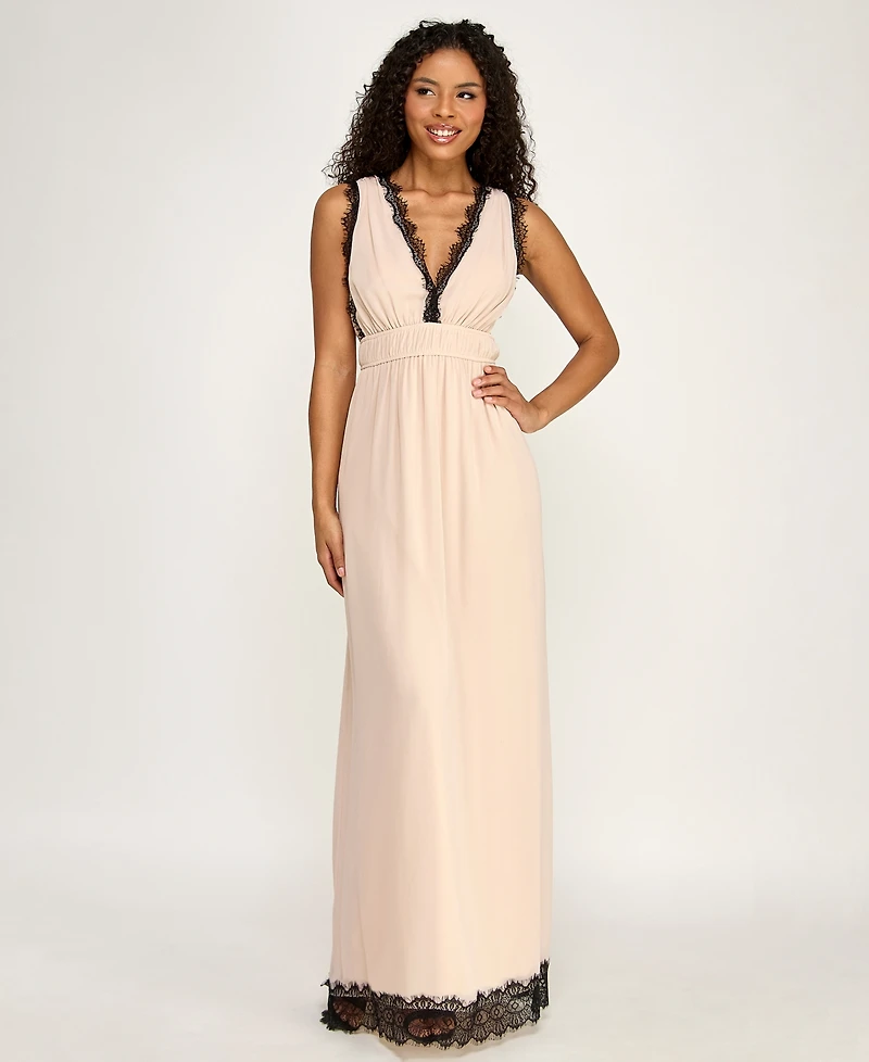 Seni & Cade Women's Sleeveless V-Neck Deep Plunge Lace Trim Dress