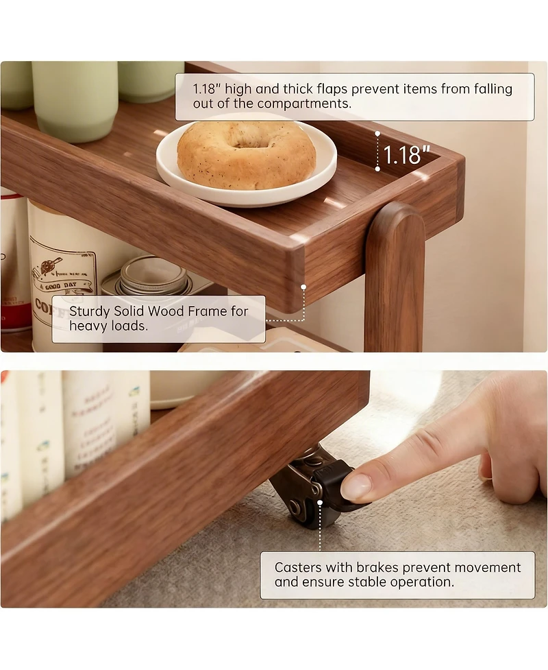 Yigii Solid Wood 4-Shelf Rolling Cart for Home Storage