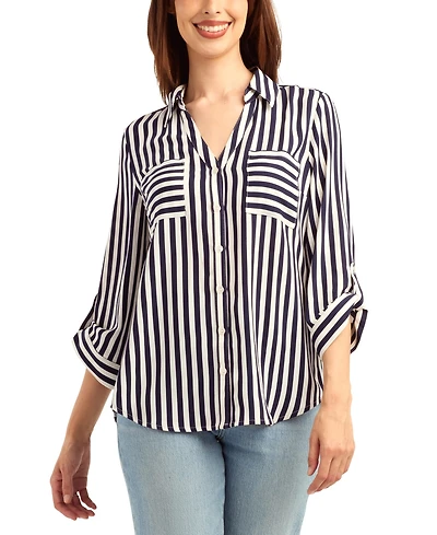 Bcx Women's Printed Button-Up Collared Top