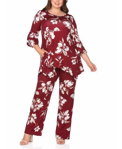 White Mark Plus Floral Tunic Top Wide-Leg Pant Set