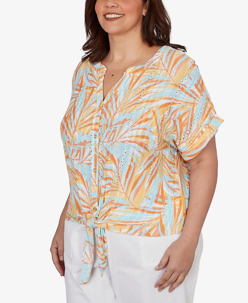 Hearts Of Palm Plus Printed Eyelet Gauze V-neck Top with Tie-Front