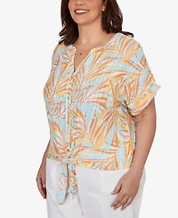Hearts Of Palm Plus Printed Eyelet Gauze V-neck Top with Tie-Front