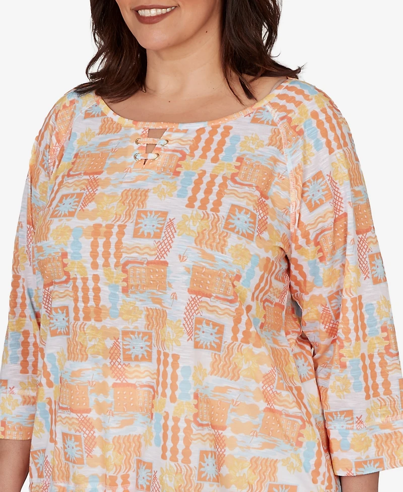 Hearts Of Palm Plus Printed Slub Blouson Top with Three-Quarter-Sleeves