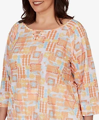 Hearts Of Palm Plus Printed Slub Blouson Top with Three-Quarter-Sleeves