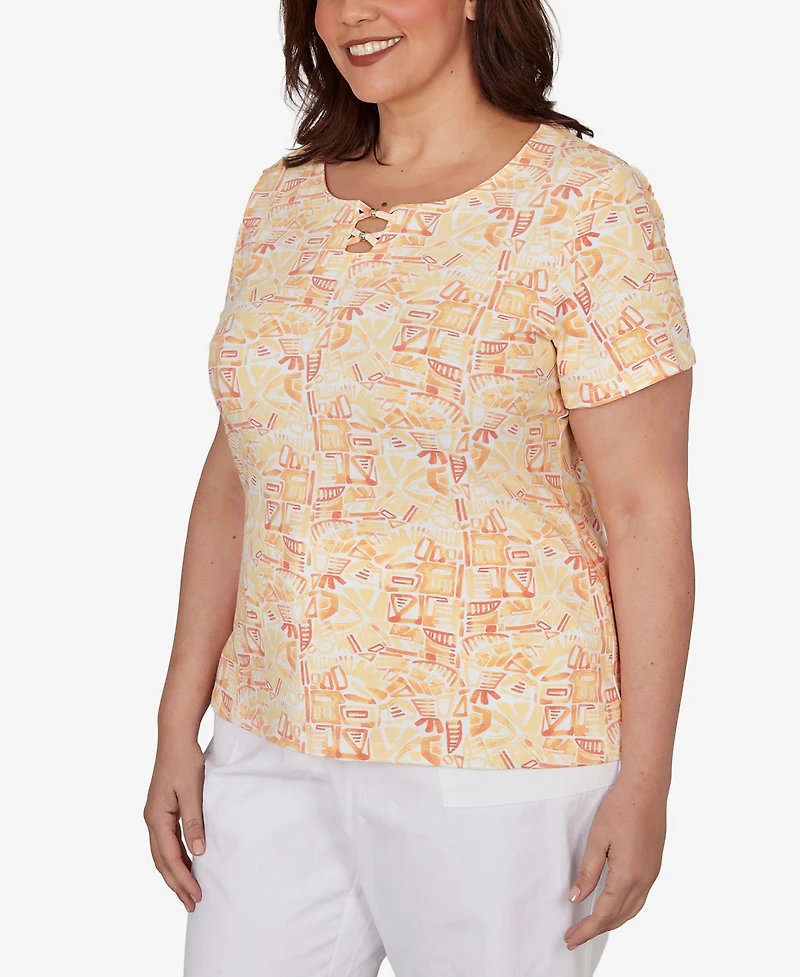 Hearts Of Palm Plus Printed Stretch Jersey Short-Sleeve Bead Neck Top