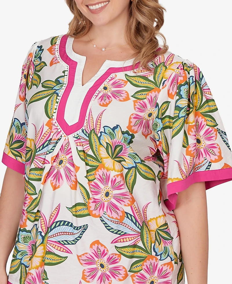 Ruby Rd. Plus Tropical Floral Trim Detail Top